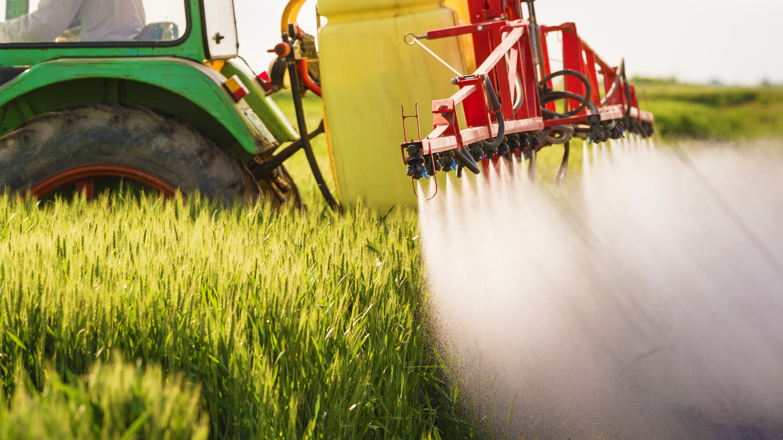 Tractor spraying fertiliser product on wheat field